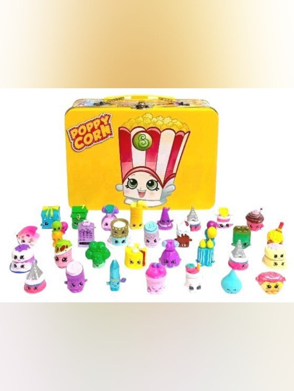 Mixed Lot of 35 Mini Shopkins & Poppy Corn Tin Lunch Box to Store Your Shopkins